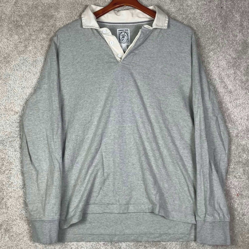 Lands End Rugby Shirt Mens Large Gray Cotton Long Sleeve Polo VTG Y2K